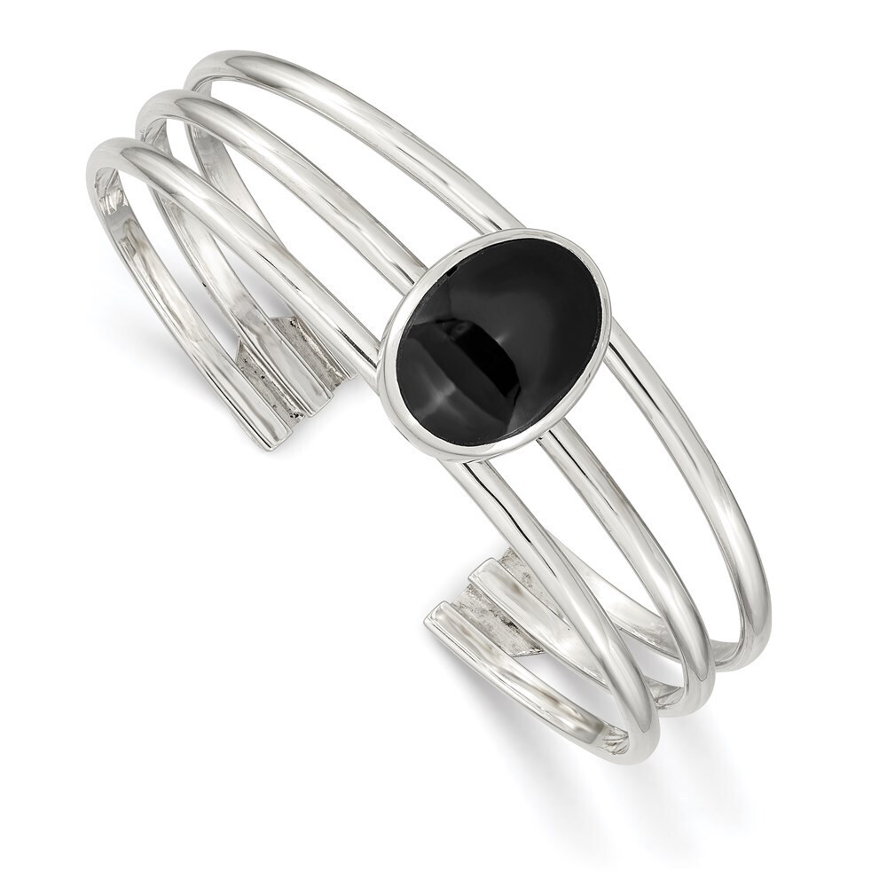 925 Sterling Silver Genuine Synthetic Onyx Three Strand Cuff Bangle Bracelet 451$
